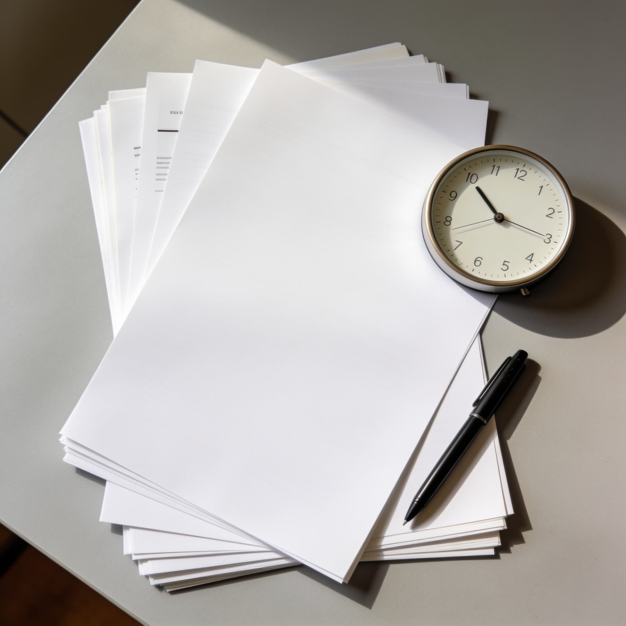 Blank papers and an unmarked clock face on a desk