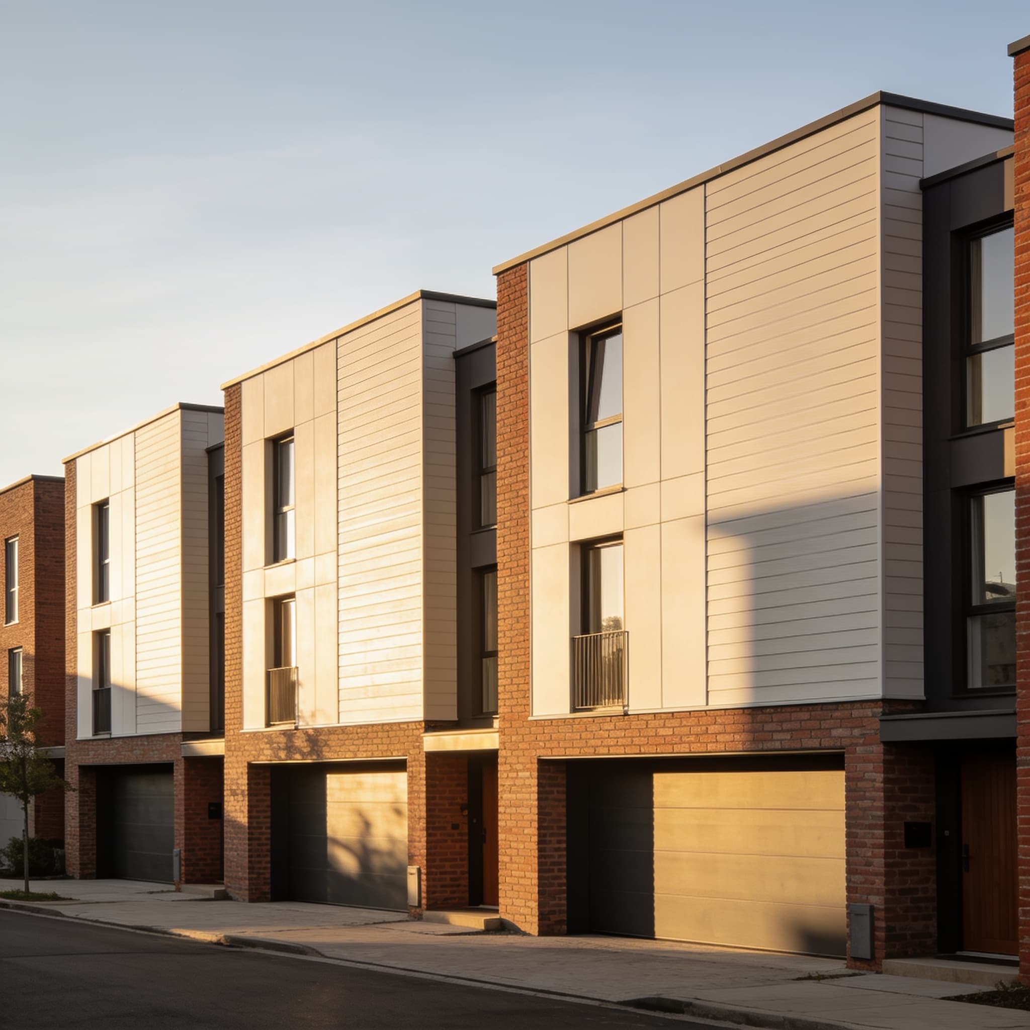 A row of contemporary townhouses in afternoon light