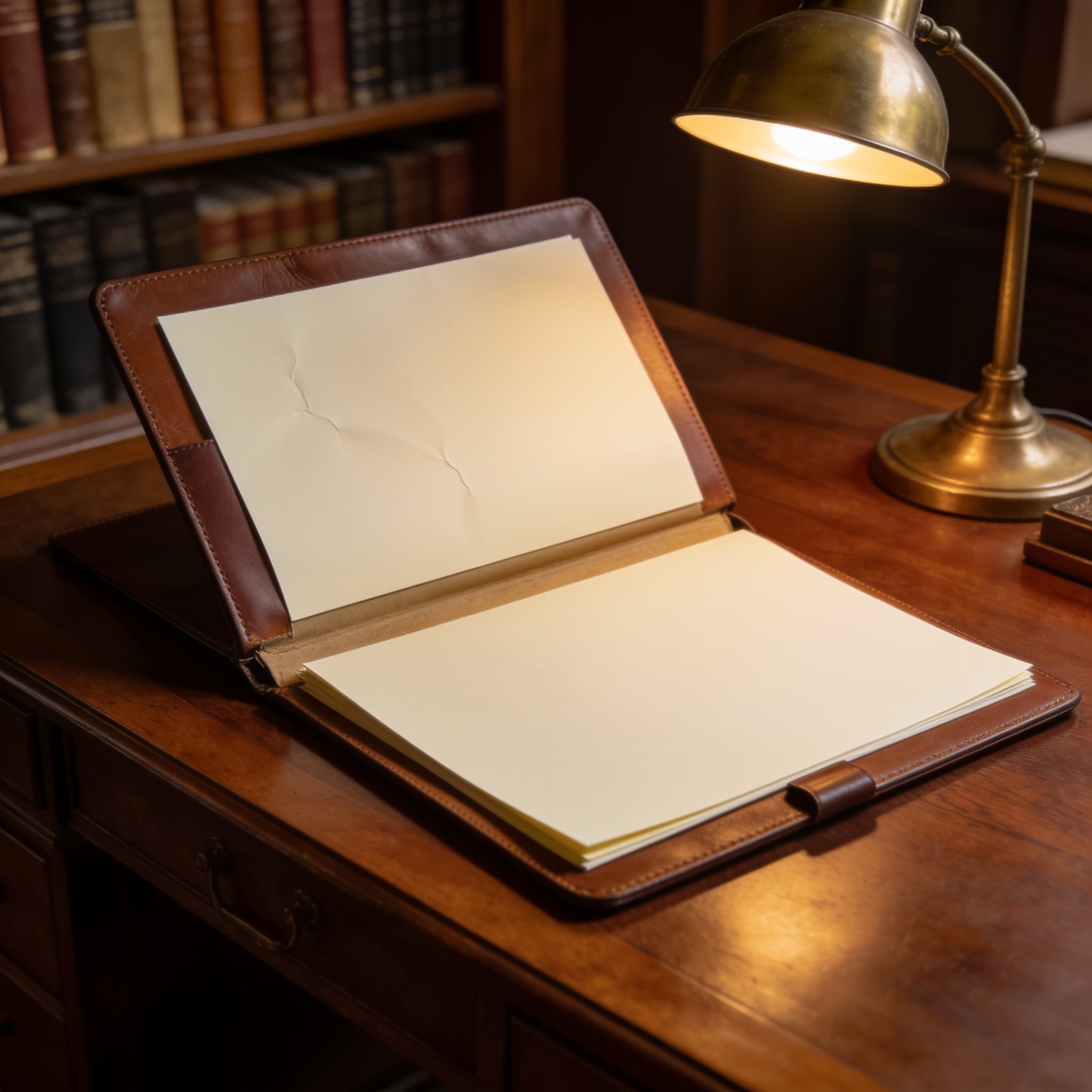 Blank papers in a leather folio beside a brass desk lamp
