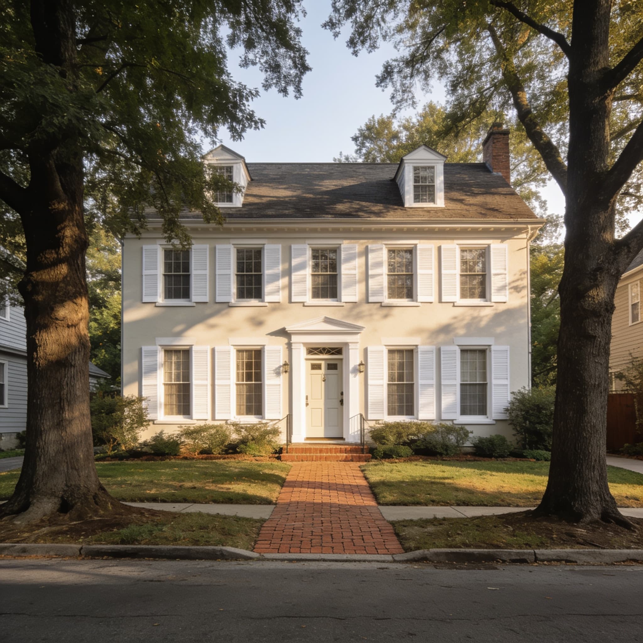 A classic two-story colonial home on a tree-lined street