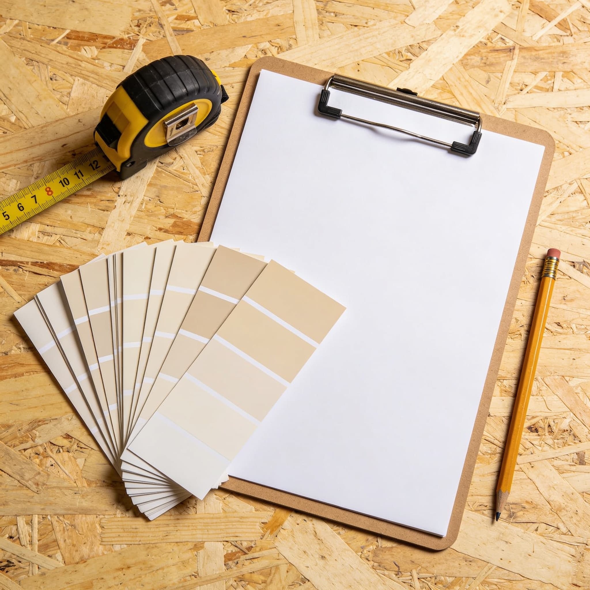 A clipboard, paint chips and a tape measure on a work surface