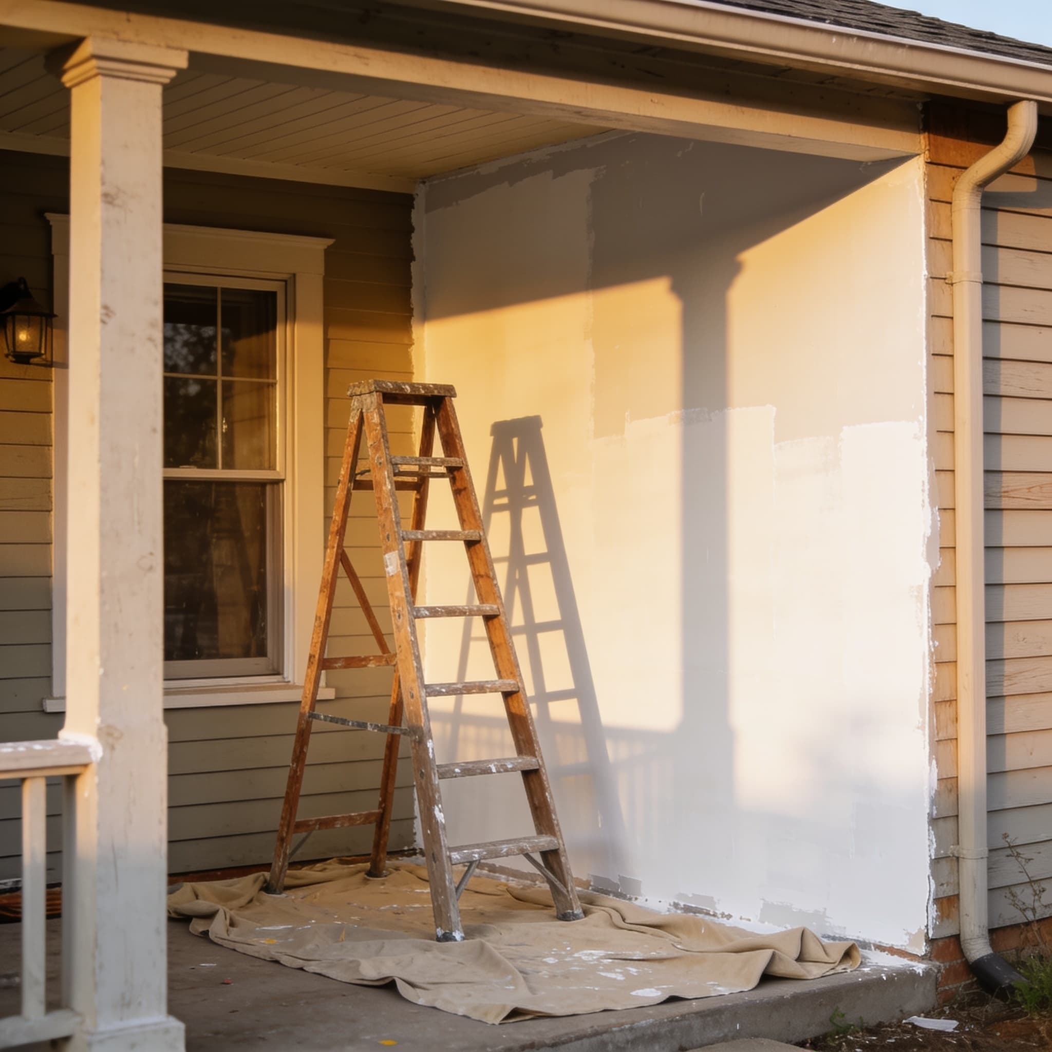 A modest house mid-renovation with a ladder at the porch