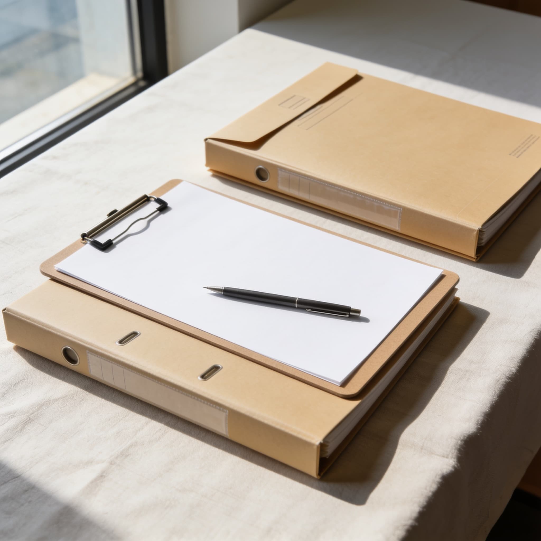 Document folders and a blank checklist arranged on a desk