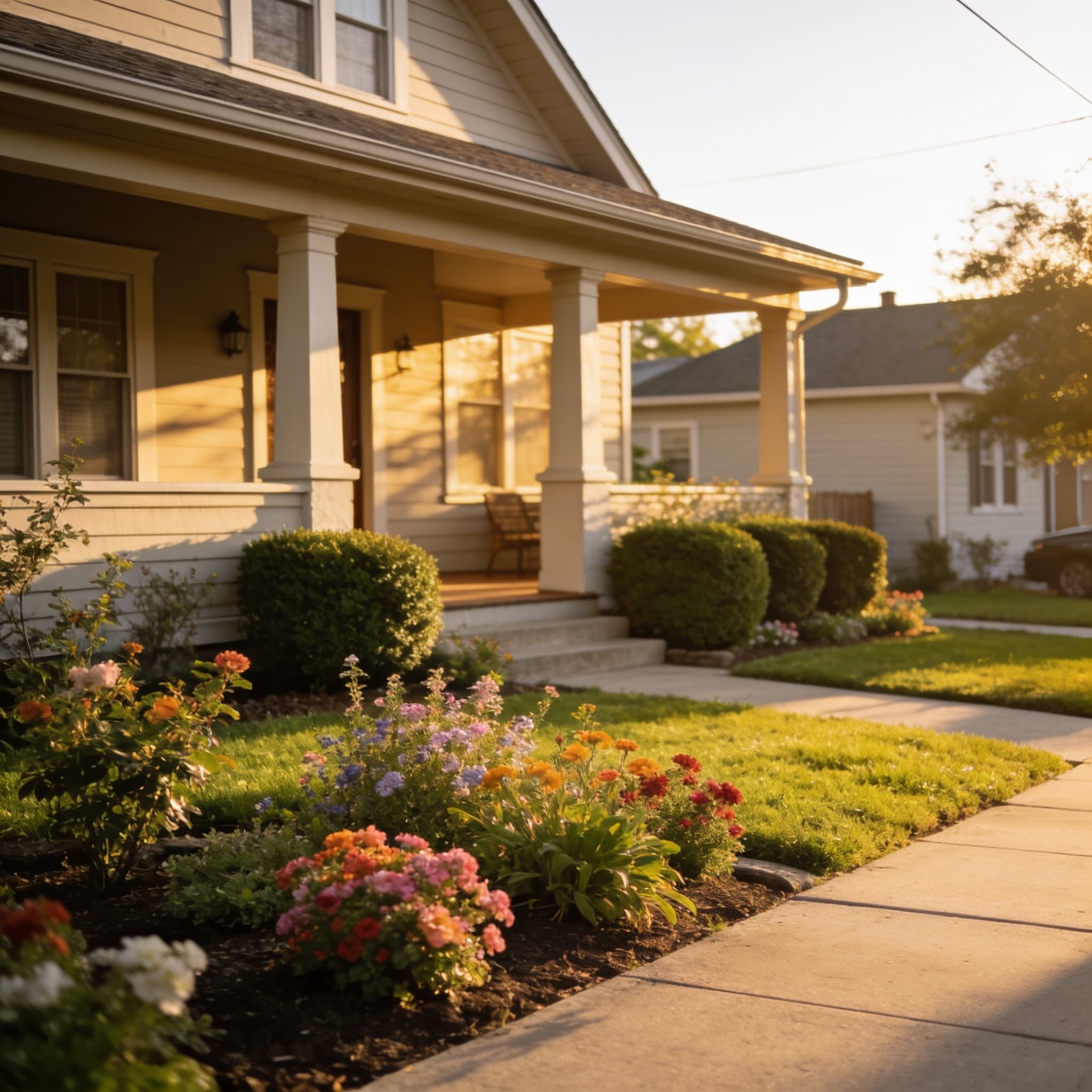 A single family home with a covered porch in morning light