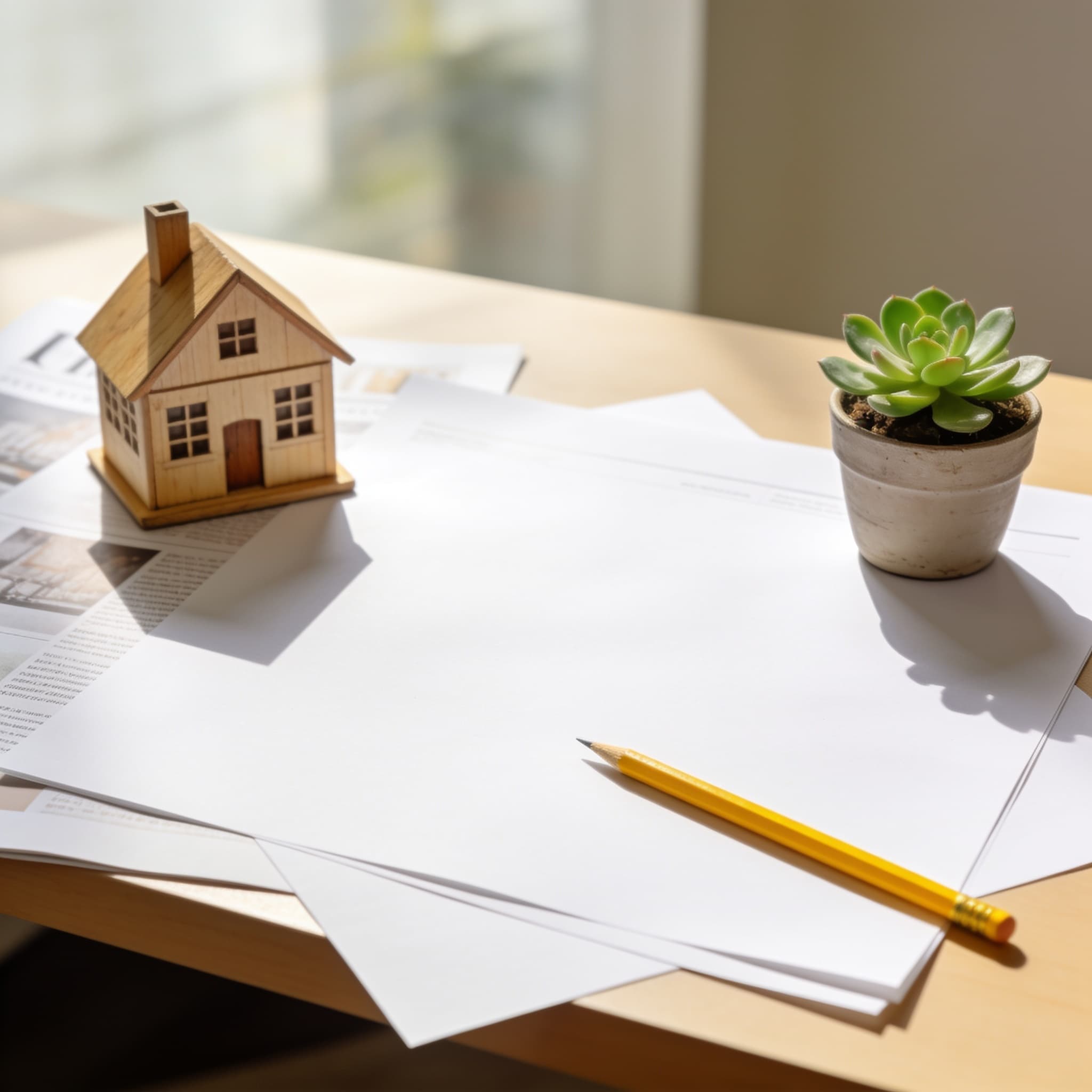 Blank papers with a small wooden house figurine on a bright desk