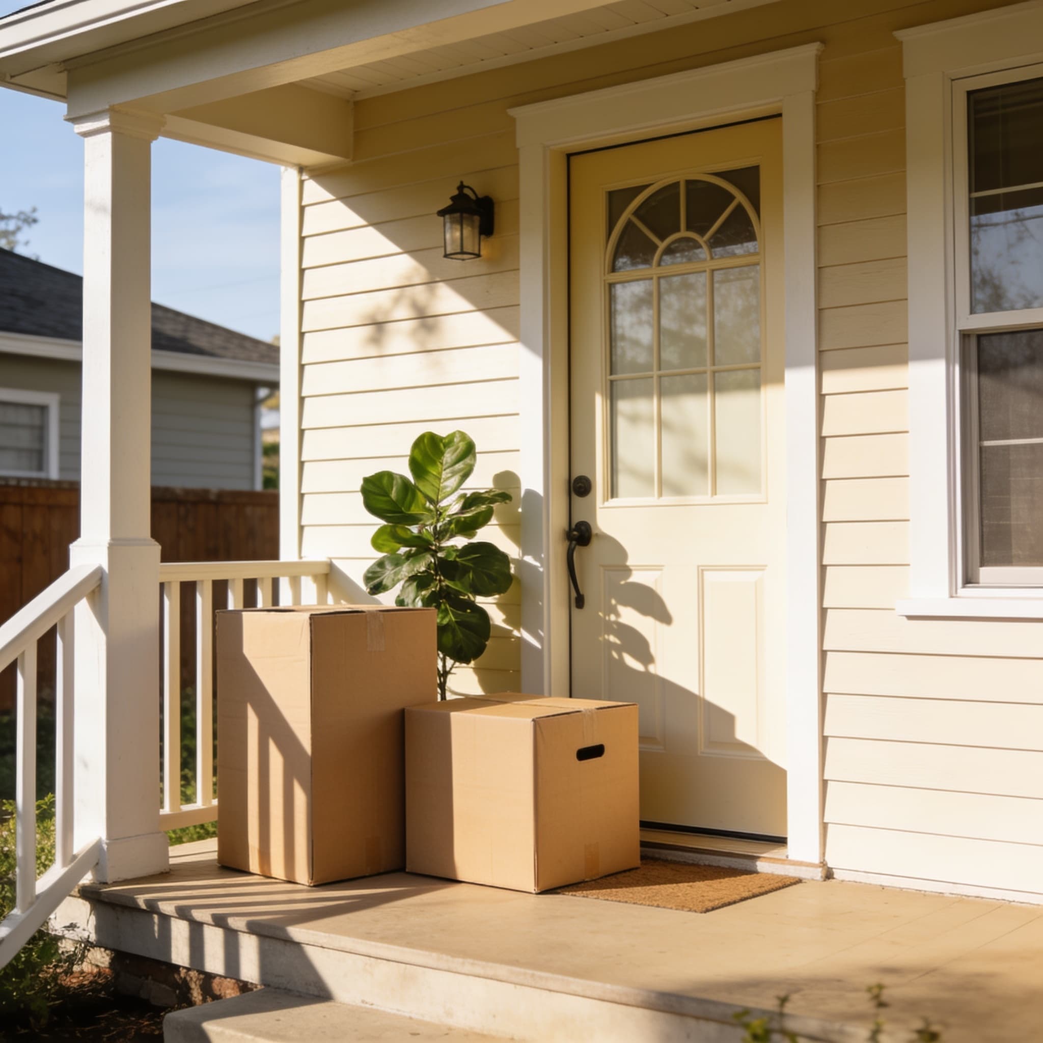 A starter home porch with moving boxes by the front door