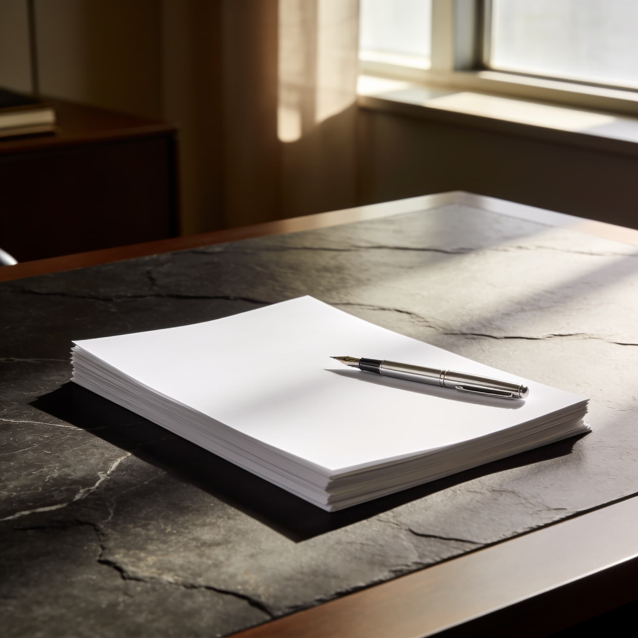 Blank documents and a silver pen on a dark stone desk
