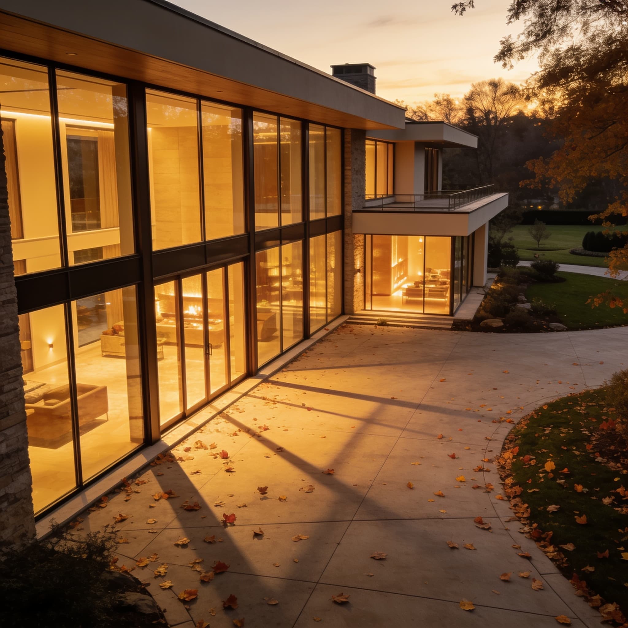 A large modern home with glass windows at dusk