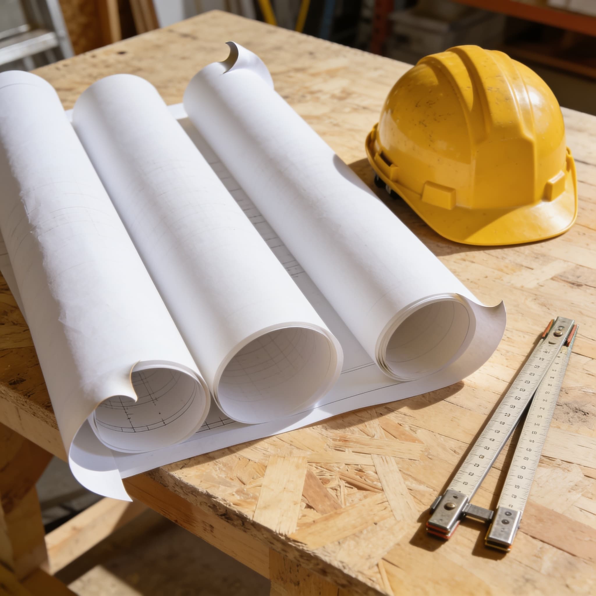 Rolled drafting paper beside a hard hat on a work table
