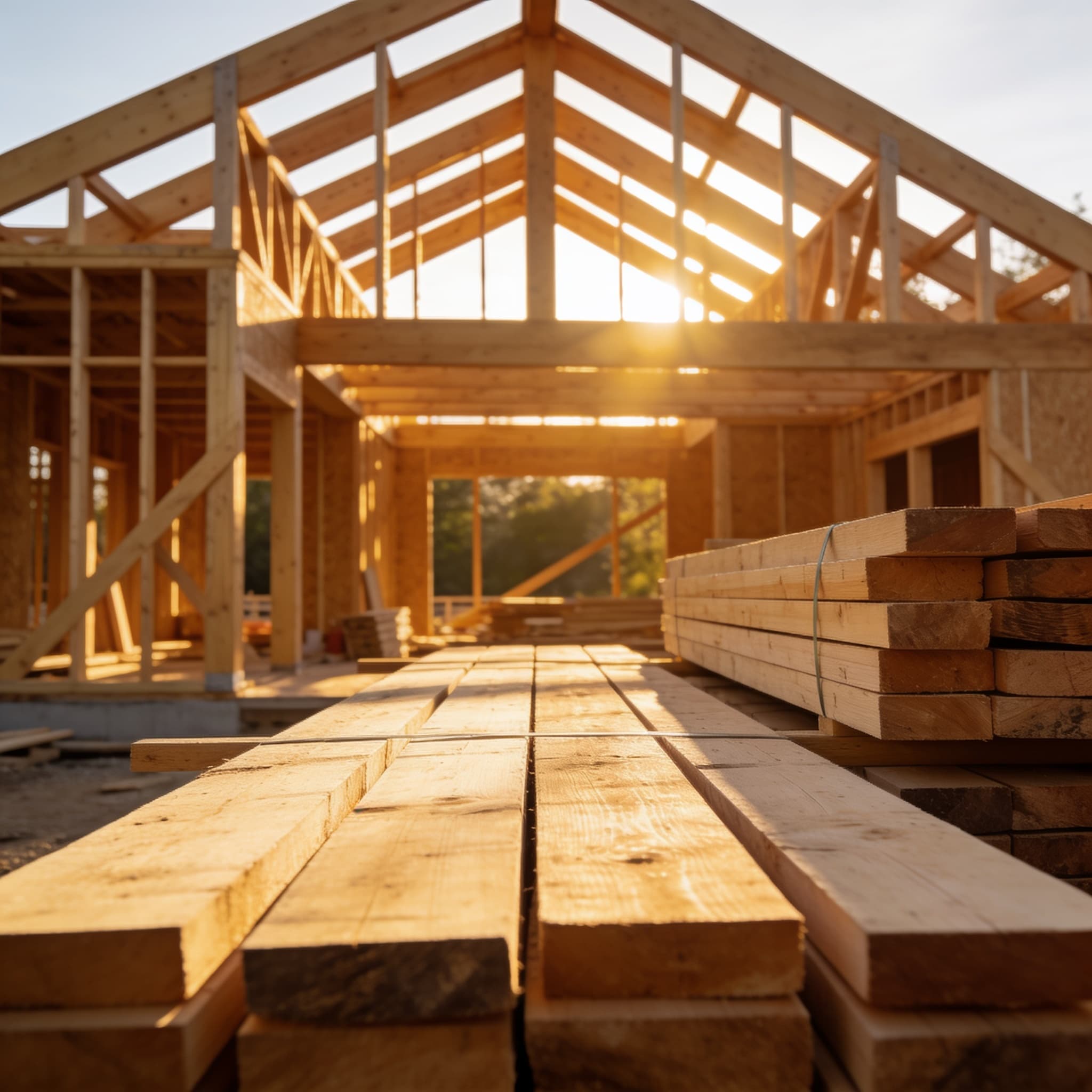 A timber-framed house under construction at golden hour