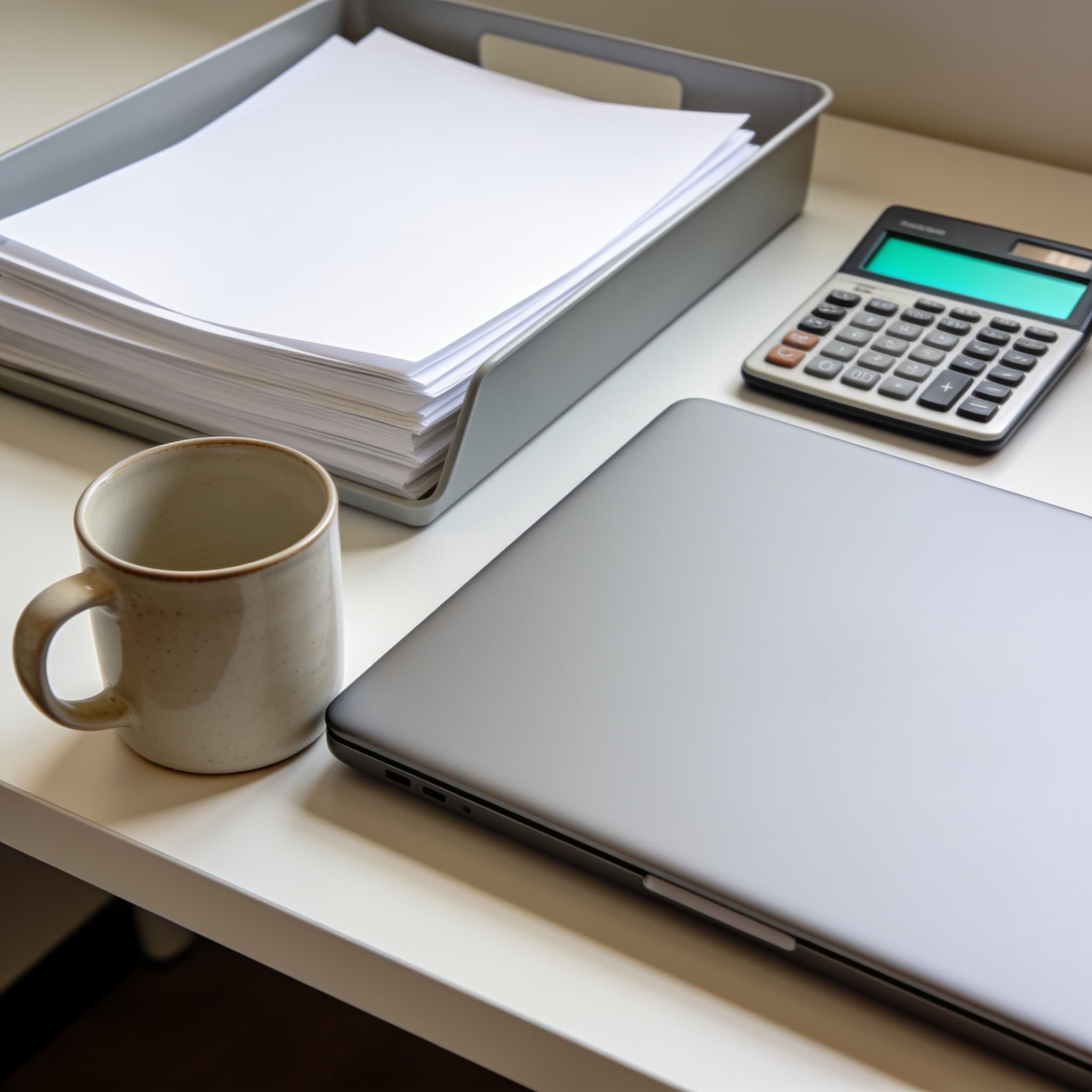 A home office desk with a closed laptop and blank papers