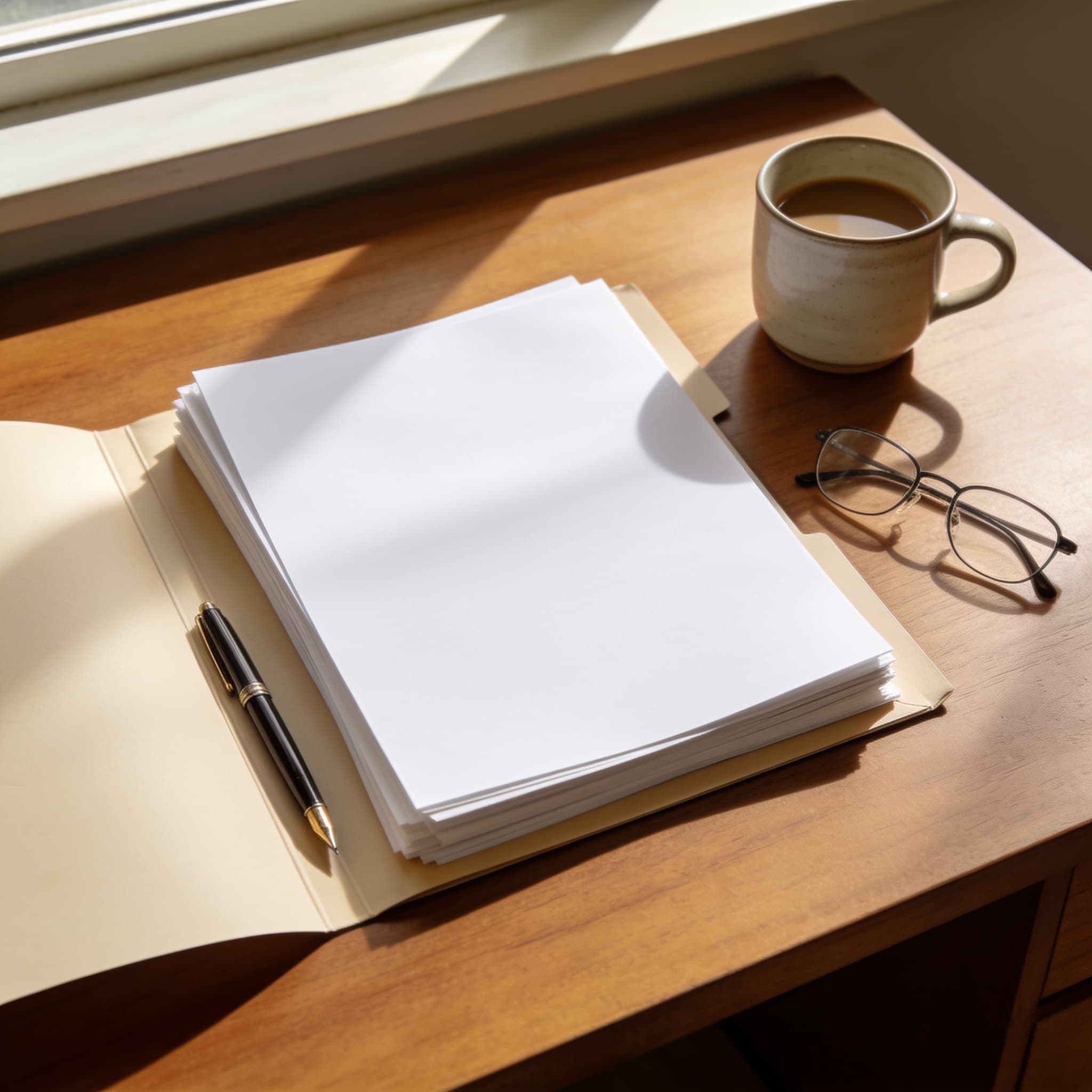 Loan paperwork, a pen and coffee arranged on a desk