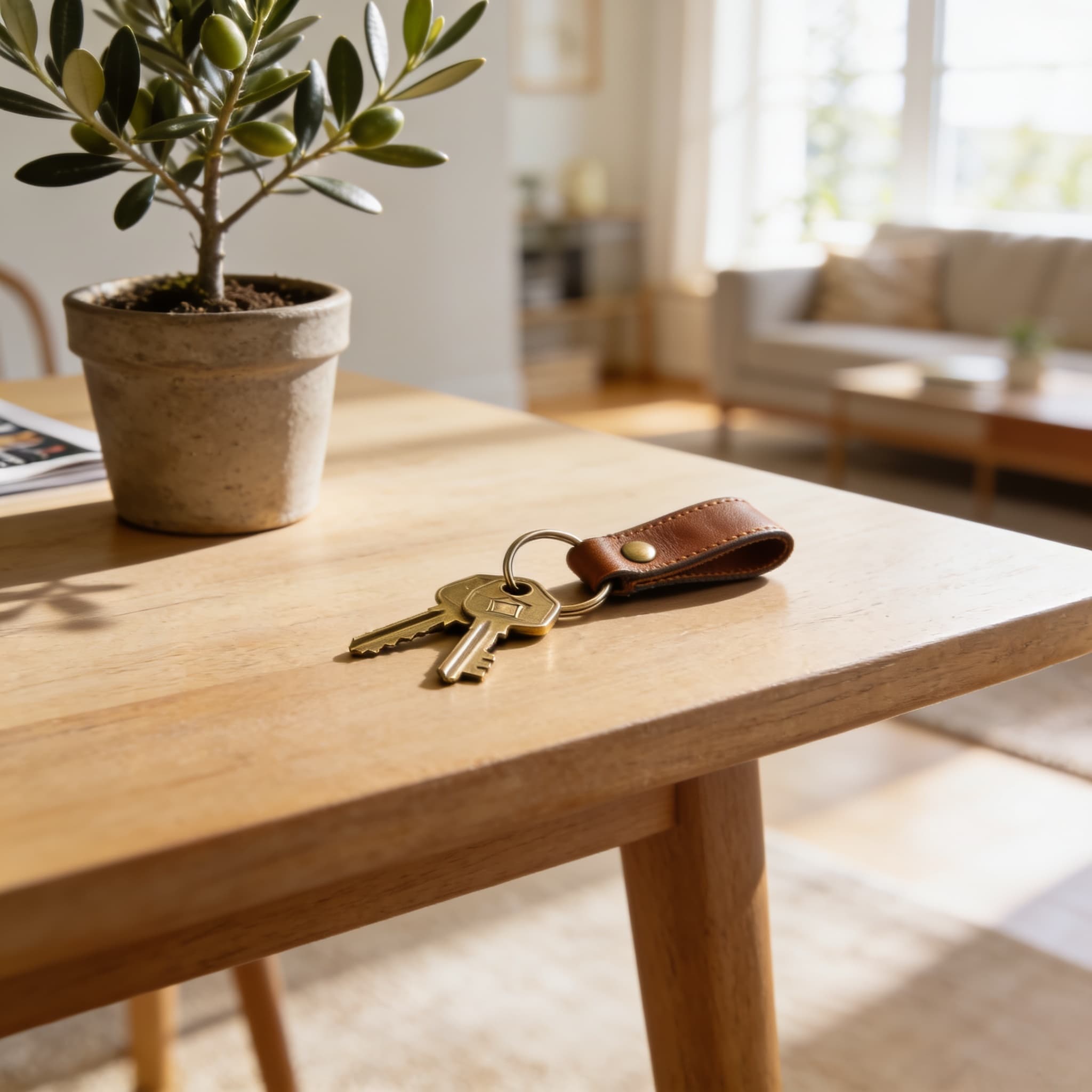 House keys on a keyring resting on a wooden table