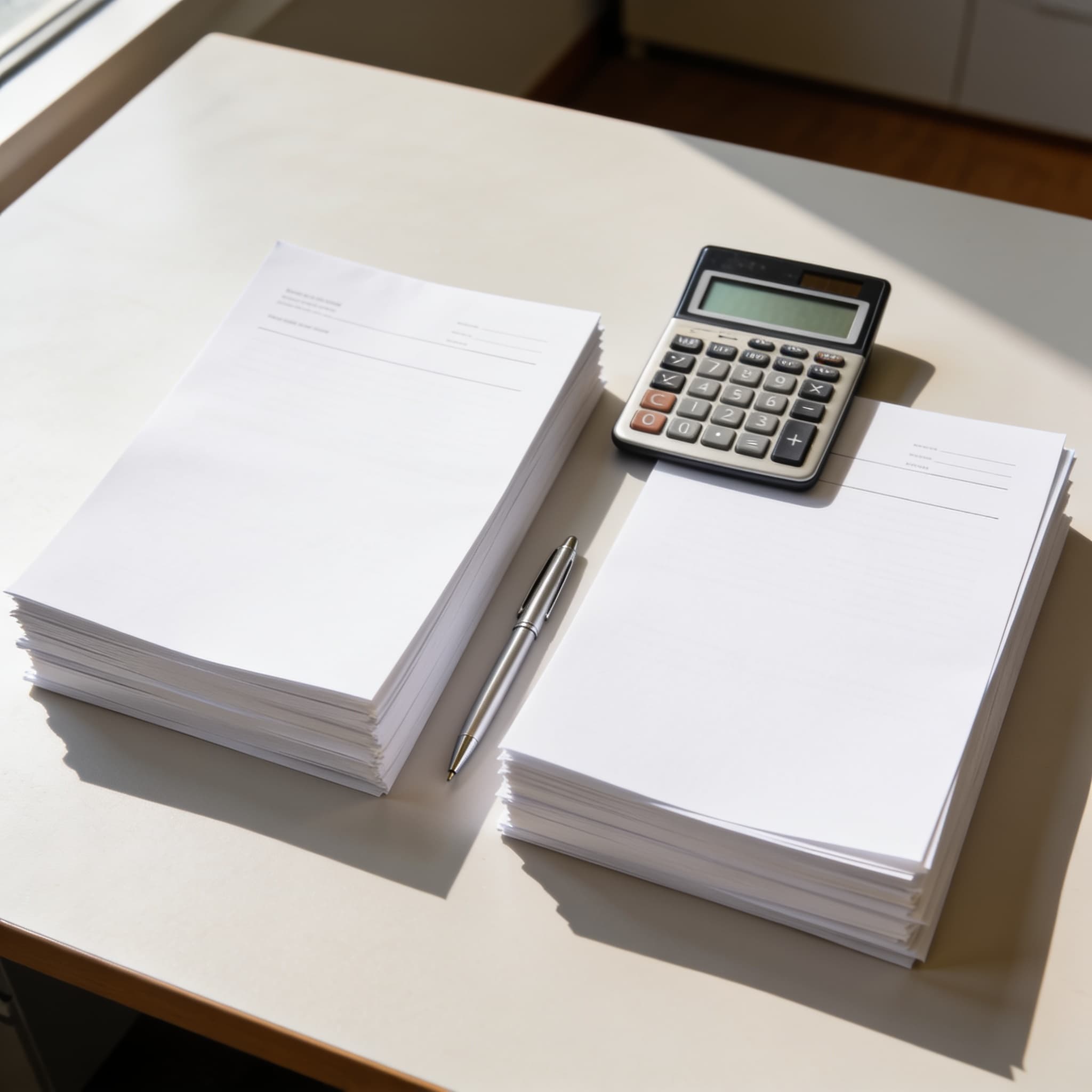 Two stacks of blank statements with a calculator between them