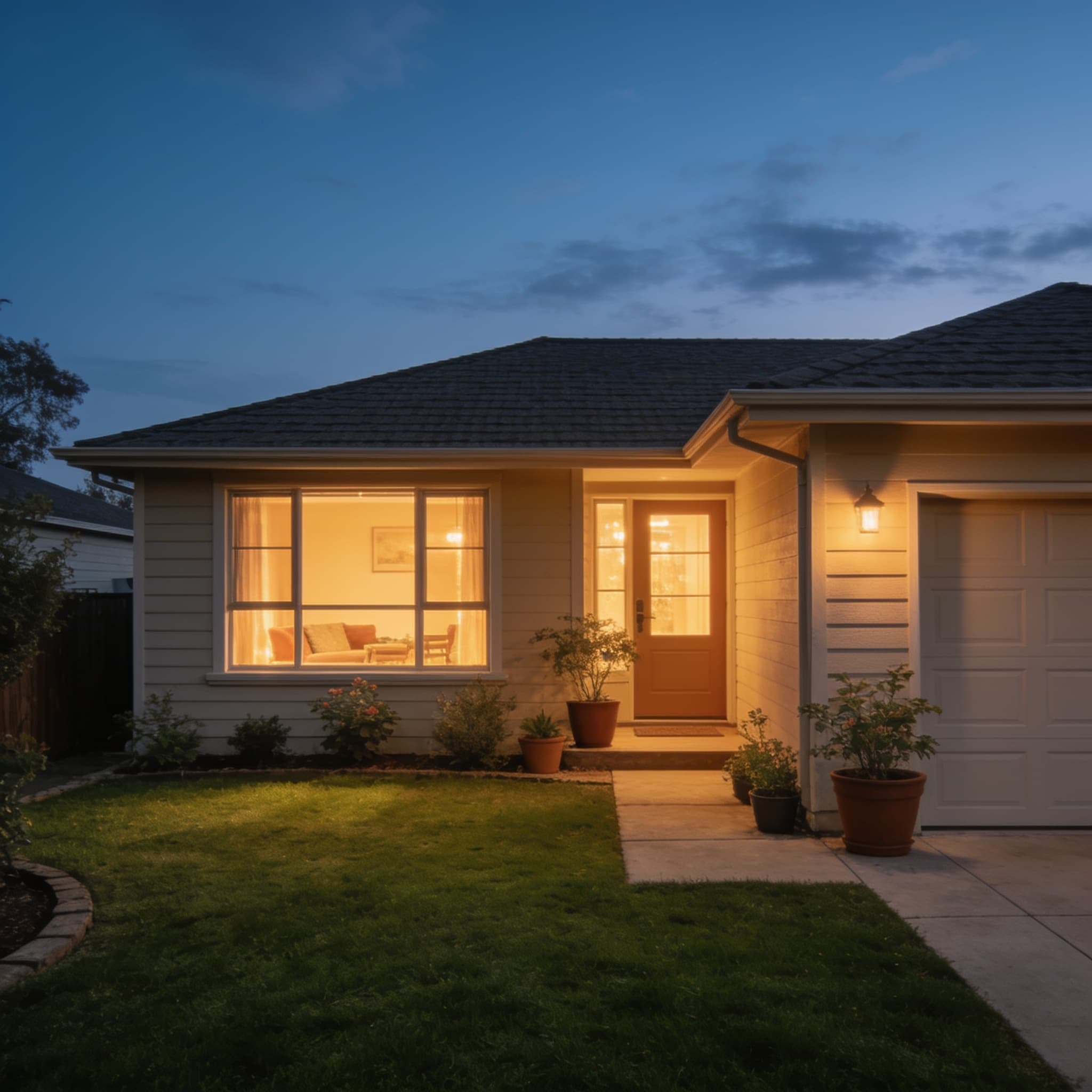 A family home at dusk with warm light in the windows