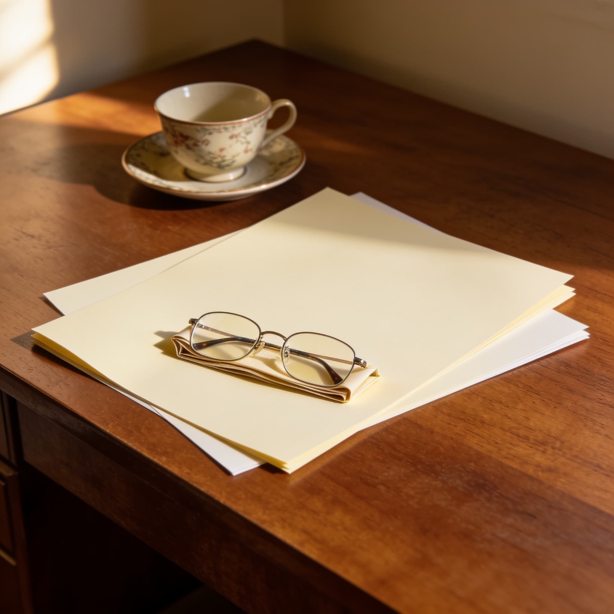 Blank papers with reading glasses and a teacup on a warm desk