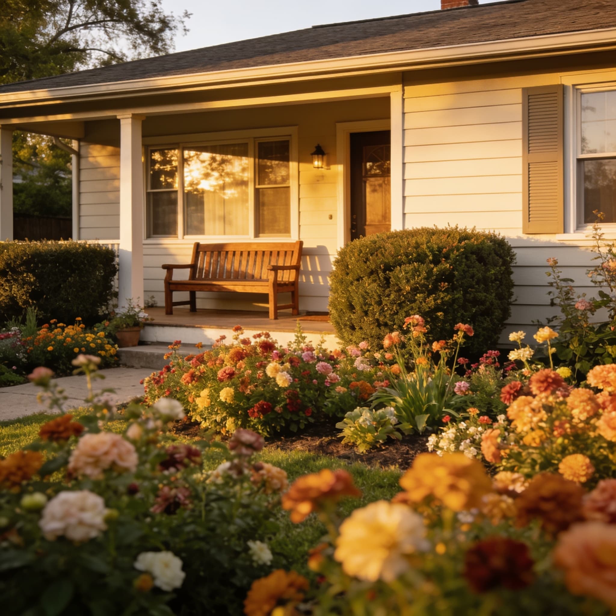 A well-kept ranch home with a mature flower garden