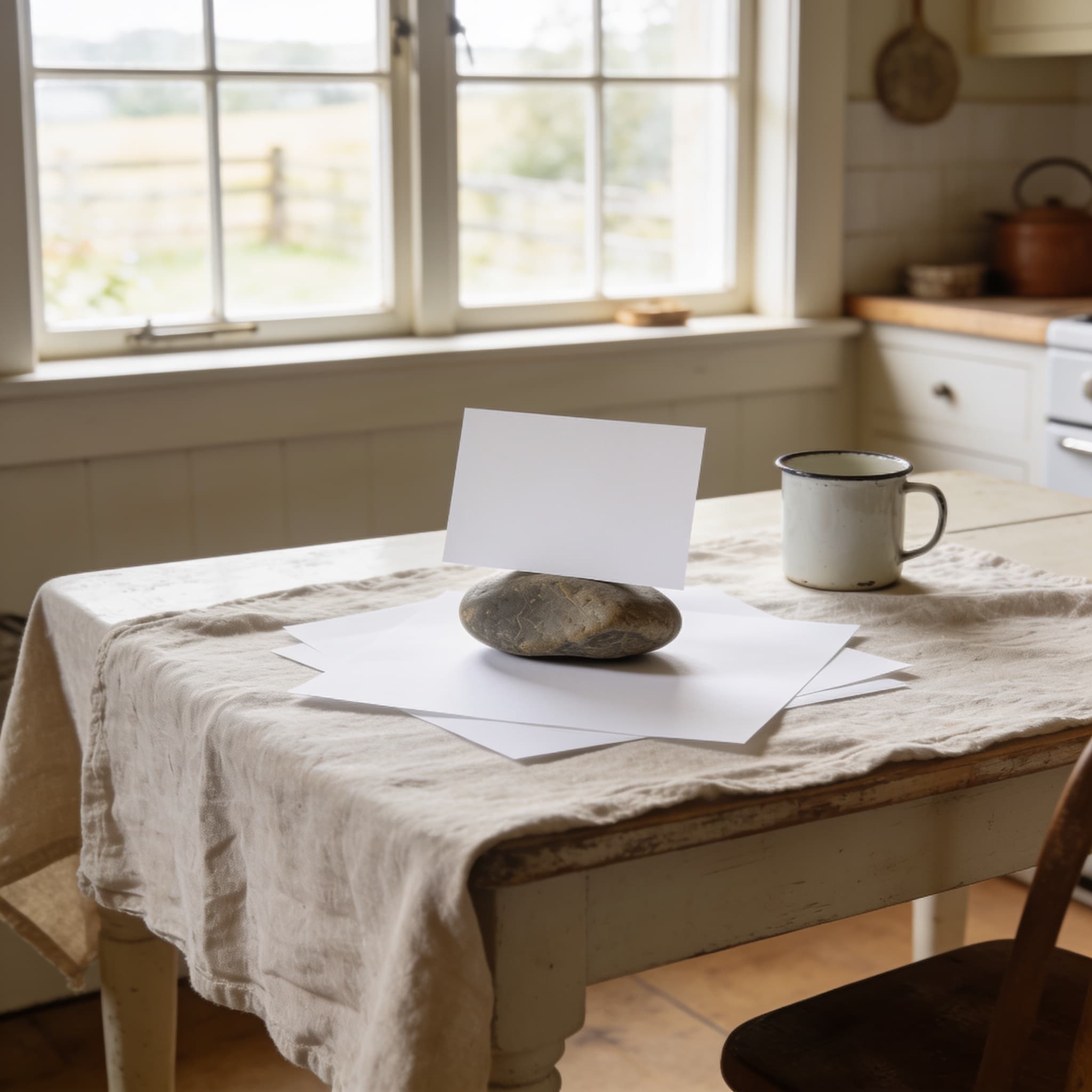 Blank papers on a farmhouse table with an enamel mug
