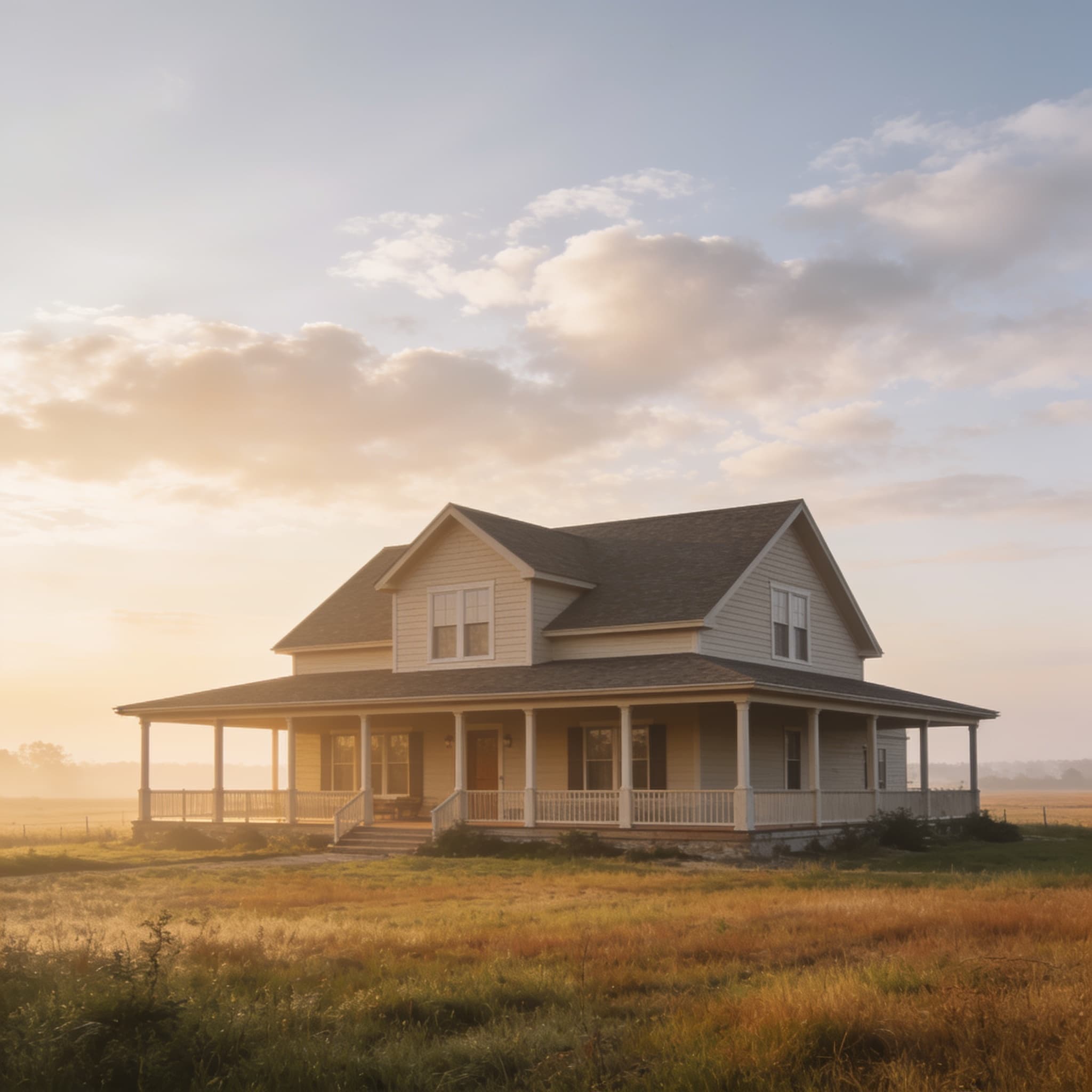 A country home with a wide porch against open fields