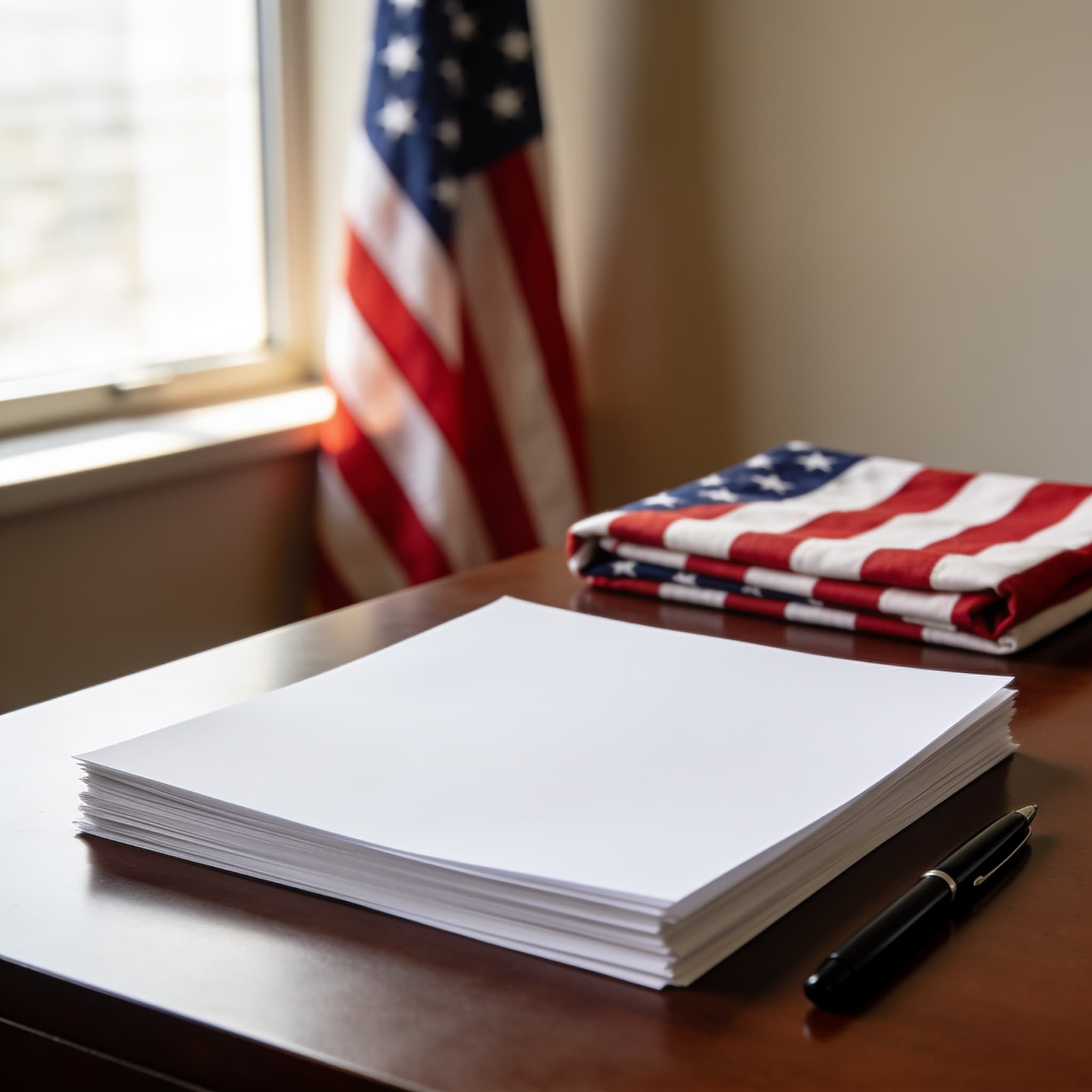 Crisp blank papers on an orderly desk with a folded flag behind