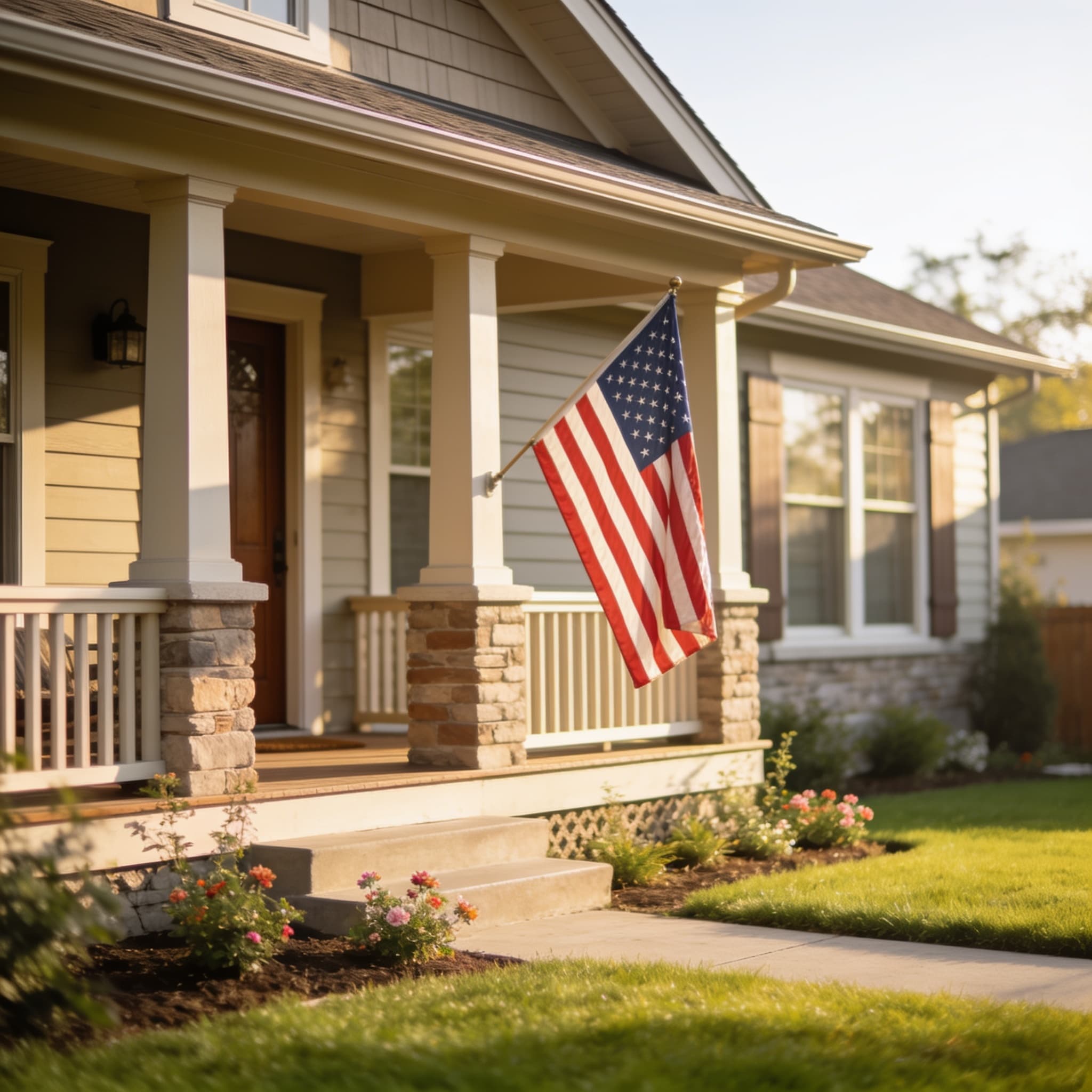 A craftsman home with a porch-mounted American flag